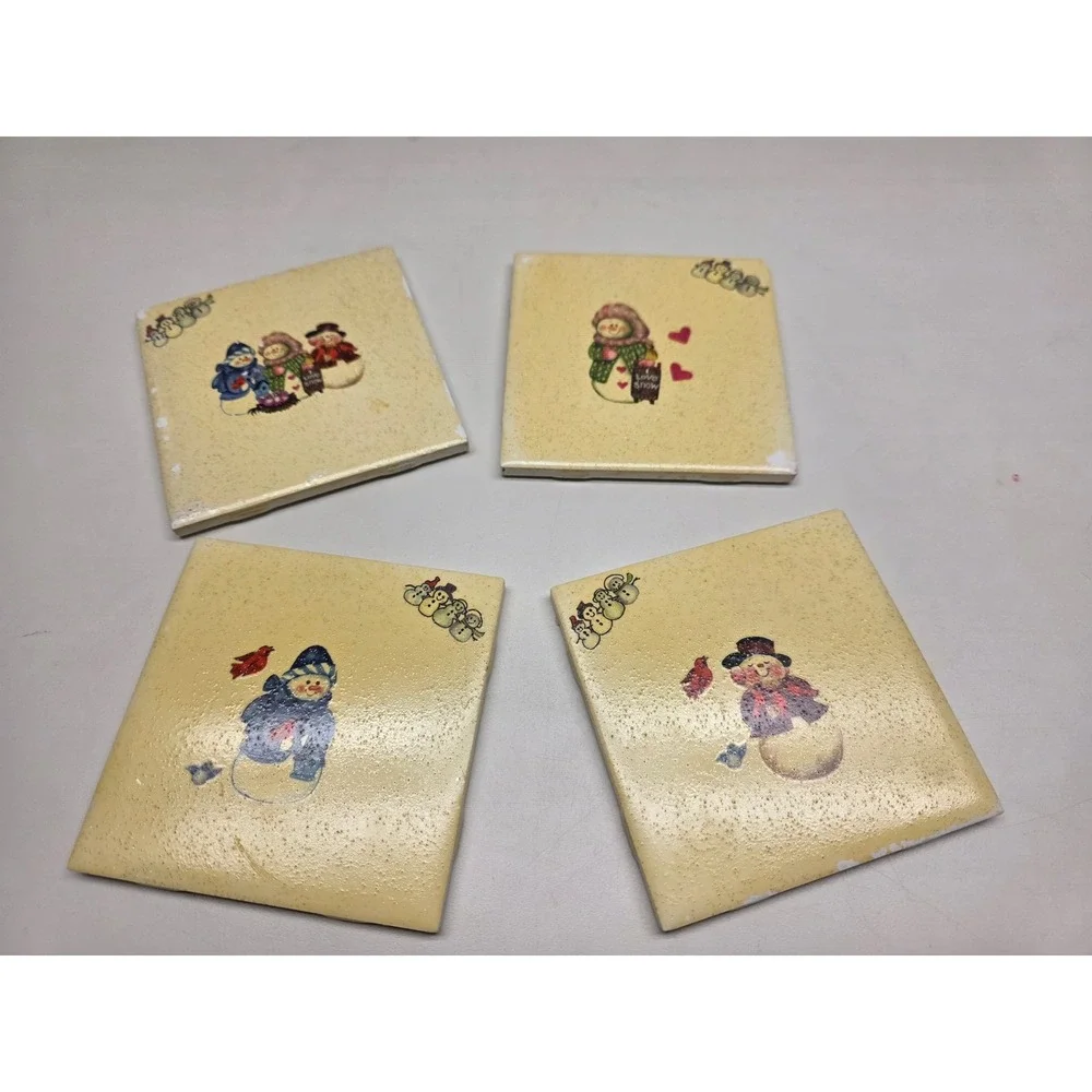 Vintage‎ Style Snowman Ceramic Tile Coasters Set of 4 Winter Holiday Decor Cream